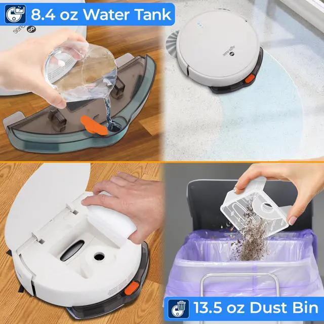 Alt view image 5 of 7 - Smart Robot Vacuum and Mop Combo, App Control, 3 Cleaning Modes, Anti-Fall Sensors, Multi-Surface Cleaning, Self-Charging, 700Pa Suction Ideal for Pet Hair, Soft and Hard Floors, White