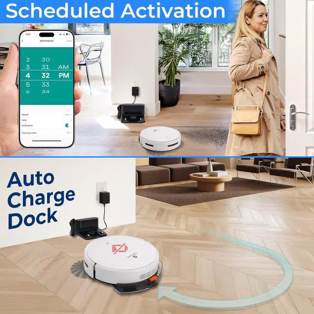 Alt view image 4 of 7 - Smart Robot Vacuum and Mop Combo, App Control, 3 Cleaning Modes, Anti-Fall Sensors, Multi-Surface Cleaning, Self-Charging, 700Pa Suction Ideal for Pet Hair, Soft and Hard Floors, White