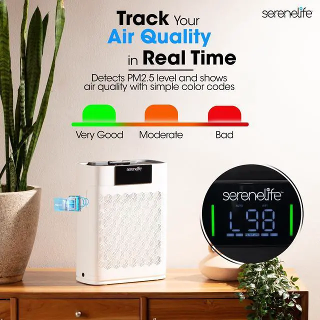 Alt view image 3 of 6 - SereneLife Air Purifier for Home - Smart Room Air Purifier with Sleep & Automatic Modes, WiFi and App Control, Ultra Quiet, Removes Dust, Pet Hair and Odor for Large Rooms up to 1,076 Sq Ft (White)