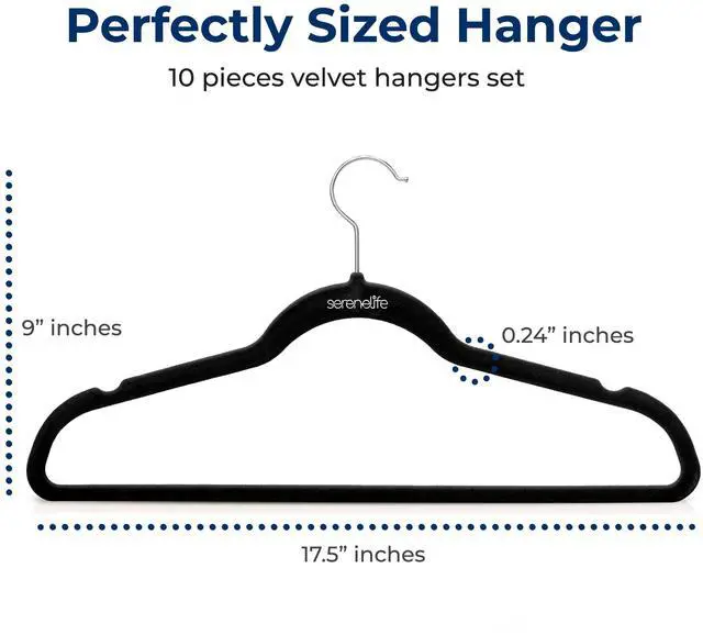 Alt view image 7 of 7 - SereneLife Velvet Hangers 10 Pack - Non-Slip Felt Hangers with 360° Swivel Hook - Ultra-Thin, Lightweight Velvet Hangers for Shirts, Sweaters, Hoodies, Kids Clothes & Dresses - Space-Saving, Black