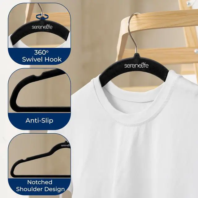 Alt view image 4 of 7 - SereneLife Velvet Hangers 10 Pack - Non-Slip Felt Hangers with 360° Swivel Hook - Ultra-Thin, Lightweight Velvet Hangers for Shirts, Sweaters, Hoodies, Kids Clothes & Dresses - Space-Saving, Black