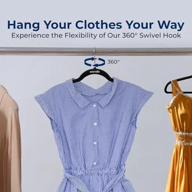 Alt view image 5 of 7 - SereneLife Velvet Hangers 20 Pack - Non-Slip Felt Hangers with 360° Swivel Hook - Ultra-Thin, Lightweight Velvet Hangers for Shirts, Sweaters, Hoodies, Kids Clothes & Dresses - Space-Saving, Black