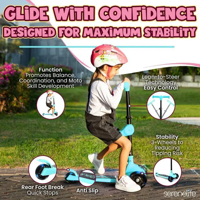 Alt view image 2 of 6 - SereneLife 3-Wheel Foldable Kids Scooter  LED Wheel Lights, Adjustable Handlebar, Rear Foot Brake, Lean-to-Steer, Anti-Slip Deck  Ideal for Toddlers & Kids 2+, up to 110 lbs