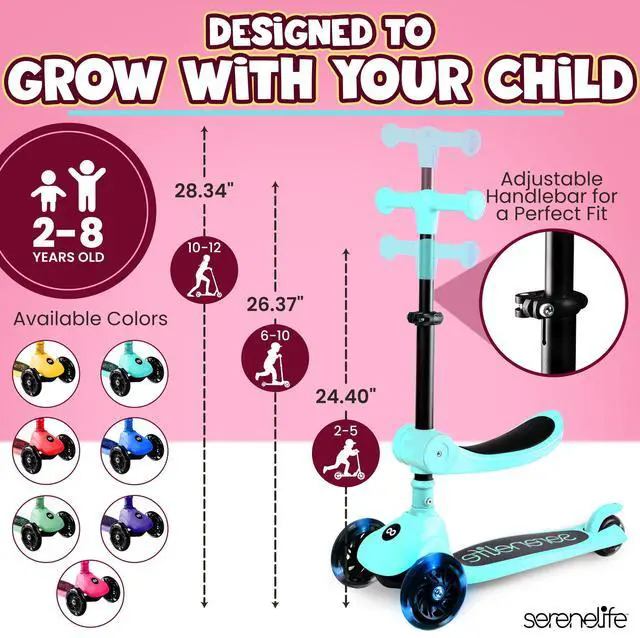 Alt view image 3 of 6 - SereneLife 3-Wheel Foldable Kids Scooter  LED Wheel Lights, Adjustable Handlebar, Rear Foot Brake, Lean-to-Steer, Anti-Slip Deck  Ideal for Toddlers & Kids 2+, up to 110 lbs