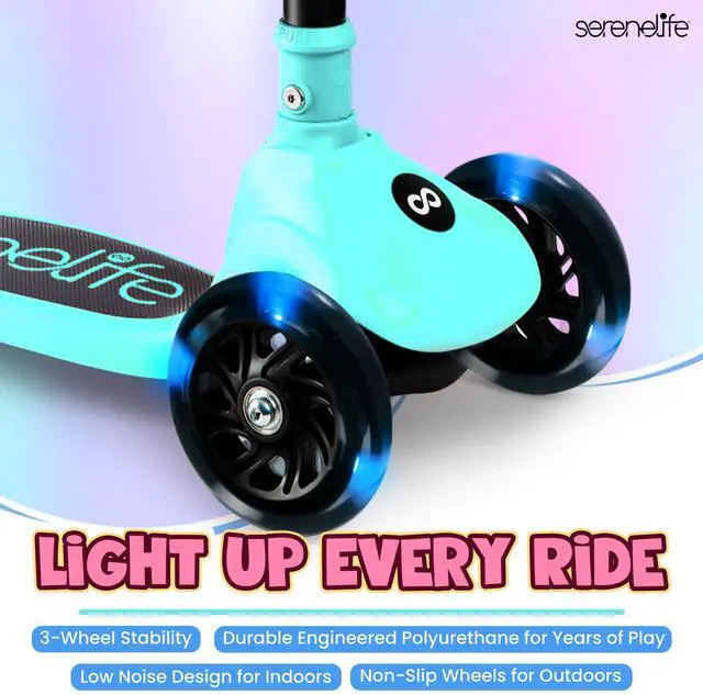 Alt view image 4 of 6 - SereneLife 3-Wheel Foldable Kids Scooter  LED Wheel Lights, Adjustable Handlebar, Rear Foot Brake, Lean-to-Steer, Anti-Slip Deck  Ideal for Toddlers & Kids 2+, up to 110 lbs