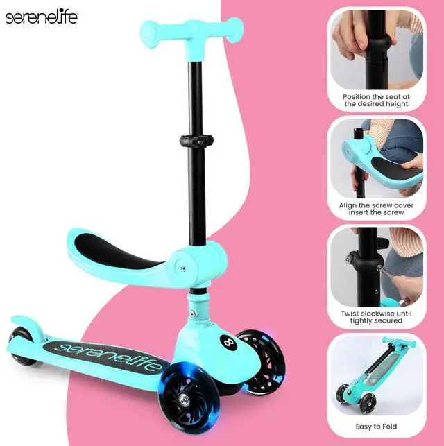 Alt view image 5 of 6 - SereneLife 3-Wheel Foldable Kids Scooter  LED Wheel Lights, Adjustable Handlebar, Rear Foot Brake, Lean-to-Steer, Anti-Slip Deck  Ideal for Toddlers & Kids 2+, up to 110 lbs