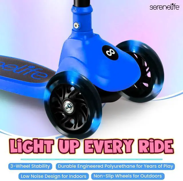 Alt view image 4 of 6 - SereneLife 3-Wheel Foldable Kids Scooter  LED Wheel Lights, Adjustable Handlebar, Rear Foot Brake, Lean-to-Steer, Anti-Slip Deck  Ideal for Toddlers & Kids 2+, up to 110 lbs