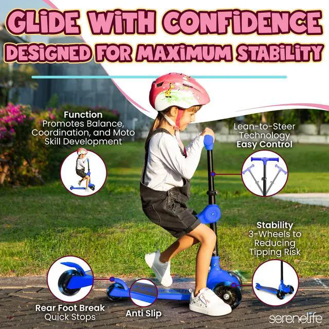Alt view image 2 of 6 - SereneLife 3-Wheel Foldable Kids Scooter  LED Wheel Lights, Adjustable Handlebar, Rear Foot Brake, Lean-to-Steer, Anti-Slip Deck  Ideal for Toddlers & Kids 2+, up to 110 lbs