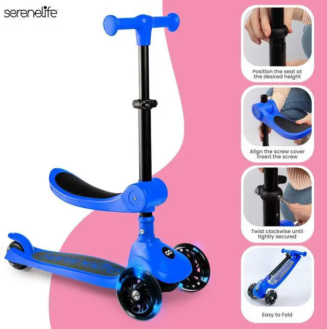 Alt view image 5 of 6 - SereneLife 3-Wheel Foldable Kids Scooter  LED Wheel Lights, Adjustable Handlebar, Rear Foot Brake, Lean-to-Steer, Anti-Slip Deck  Ideal for Toddlers & Kids 2+, up to 110 lbs