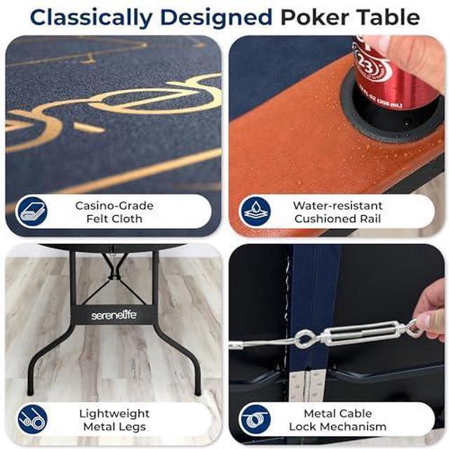 Alt view image 3 of 7 - SereneLife 6ft Foldable Poker Game Table, 8 Player Casino Style Oval Card Table with Cushioned Rails, 8 Cup Holders, Metal Legs, Water-Resistant, Felt-Surface, Games Table 71.65"x32.28"x29.13" Inch