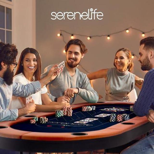 Alt view image 6 of 7 - SereneLife 6ft Foldable Poker Game Table, 8 Player Casino Style Oval Card Table with Cushioned Rails, 8 Cup Holders, Metal Legs, Water-Resistant, Felt-Surface, Games Table 71.65"x32.28"x29.13" Inch