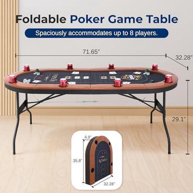 Alt view image 7 of 7 - SereneLife 6ft Foldable Poker Game Table, 8 Player Casino Style Oval Card Table with Cushioned Rails, 8 Cup Holders, Metal Legs, Water-Resistant, Felt-Surface, Games Table 71.65"x32.28"x29.13" Inch