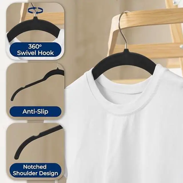 Alt view image 4 of 7 - SereneLife 50-Piece Shirt Hangers, Premium Non-Slip Velvet Hangers Pack with 360° Swivel Hooks, Slim Space-Saving Design for Tops, Jackets, Blouses, & Strappy Dresses, Supports 8 lbs, (Black)