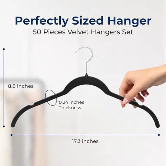 Alt view image 7 of 7 - SereneLife 50-Piece Shirt Hangers, Premium Non-Slip Velvet Hangers Pack with 360° Swivel Hooks, Slim Space-Saving Design for Tops, Jackets, Blouses, & Strappy Dresses, Supports 8 lbs, (Black)