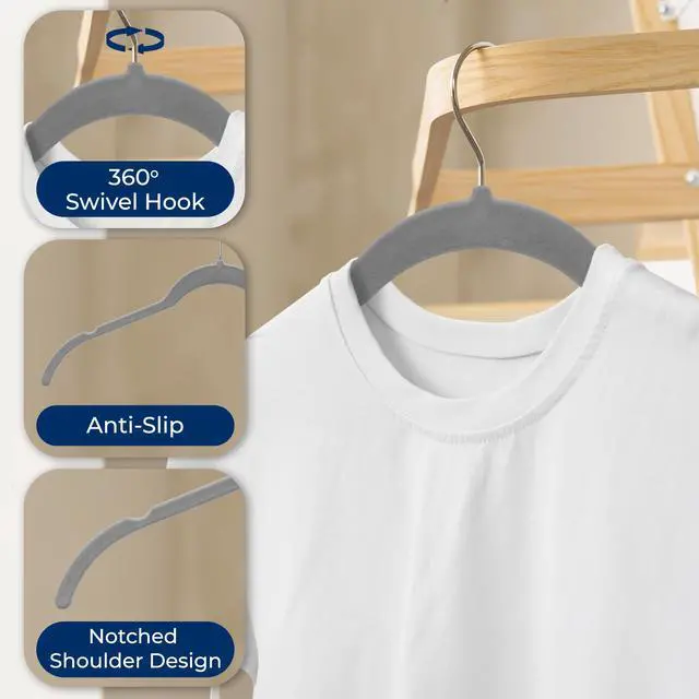 Alt view image 4 of 7 - SereneLife 30-Piece Shirt Hangers, Premium Non-Slip Velvet Hangers Pack with 360° Swivel Hooks, Slim Space-Saving Design for Tops, Jackets, Blouses, & Strappy Dresses, Supports 8 lbs (Grey)