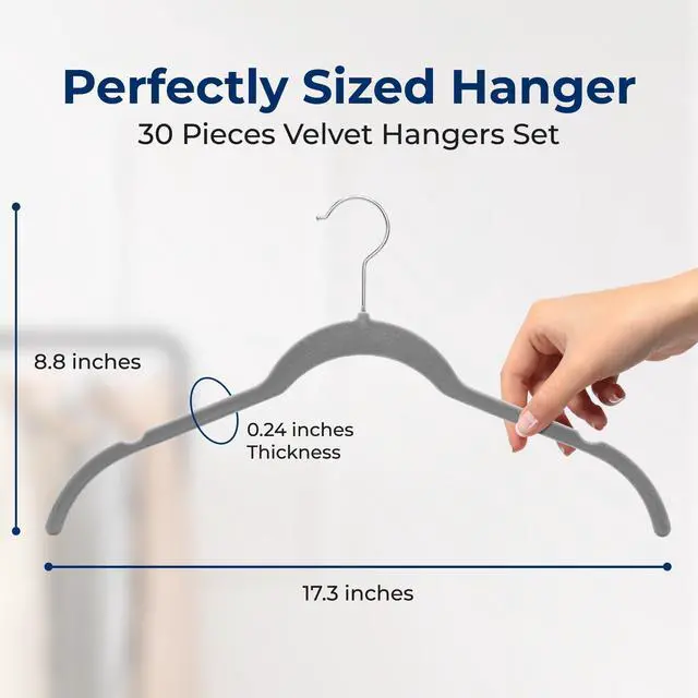 Alt view image 7 of 7 - SereneLife 30-Piece Shirt Hangers, Premium Non-Slip Velvet Hangers Pack with 360° Swivel Hooks, Slim Space-Saving Design for Tops, Jackets, Blouses, & Strappy Dresses, Supports 8 lbs (Grey)