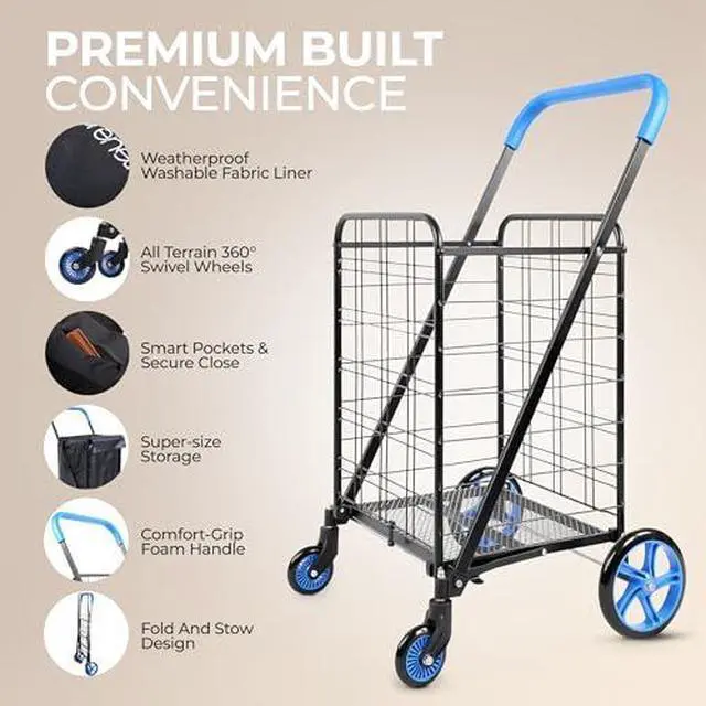 Alt view image 7 of 7 - SereneLife Small Foldable Shopping Cart with Cart Liner - 17.72" x 21" x 36.6" Collapsible Grocery Cart with 70 lbs. Capacity, Removable and Weatherproof Cart Liner, 360° Swivel Wheels (Blue)