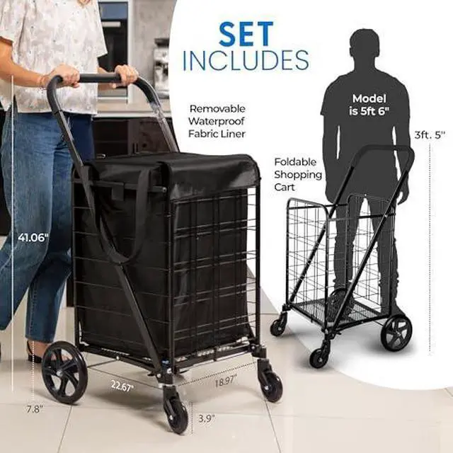 Alt view image 2 of 7 - SereneLife Folding Utility Cart with 360° Swivel Wheels, 110 lb Capacity, Portable & Collapsible for Groceries, Laundry, Luggage (Black)