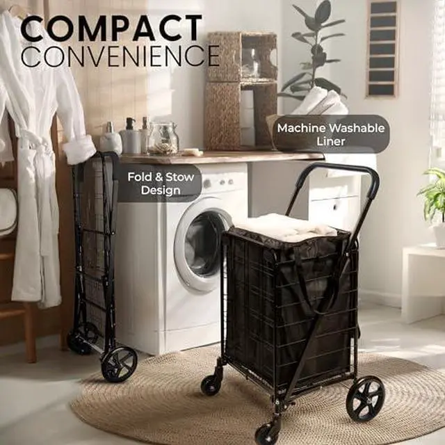 Alt view image 5 of 7 - SereneLife Folding Utility Cart with 360° Swivel Wheels, 110 lb Capacity, Portable & Collapsible for Groceries, Laundry, Luggage (Black)