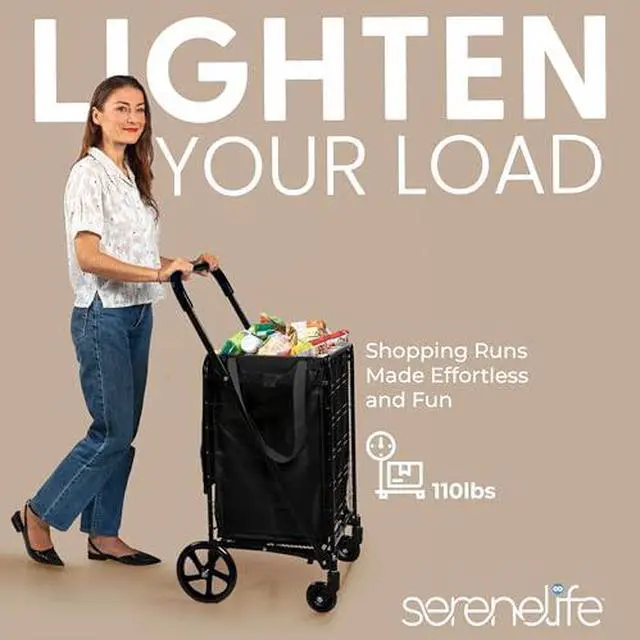 Alt view image 6 of 7 - SereneLife Folding Utility Cart with 360° Swivel Wheels, 110 lb Capacity, Portable & Collapsible for Groceries, Laundry, Luggage (Black)