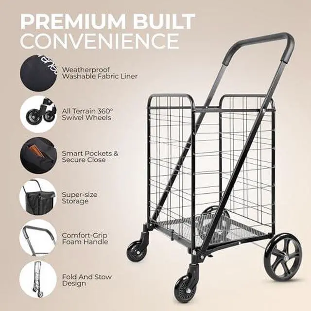 Alt view image 7 of 7 - SereneLife Folding Utility Cart with 360° Swivel Wheels, 110 lb Capacity, Portable & Collapsible for Groceries, Laundry, Luggage (Black)