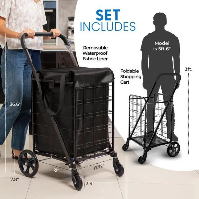 Alt view image 2 of 7 - SereneLife Small Foldable Shopping Cart with Cart Liner - 17.72" x 21" x 36.6" Collapsible Grocery Cart with 70 lbs. Capacity, Removable and Weatherproof Cart Liner, 360° Swivel Wheels (Black)