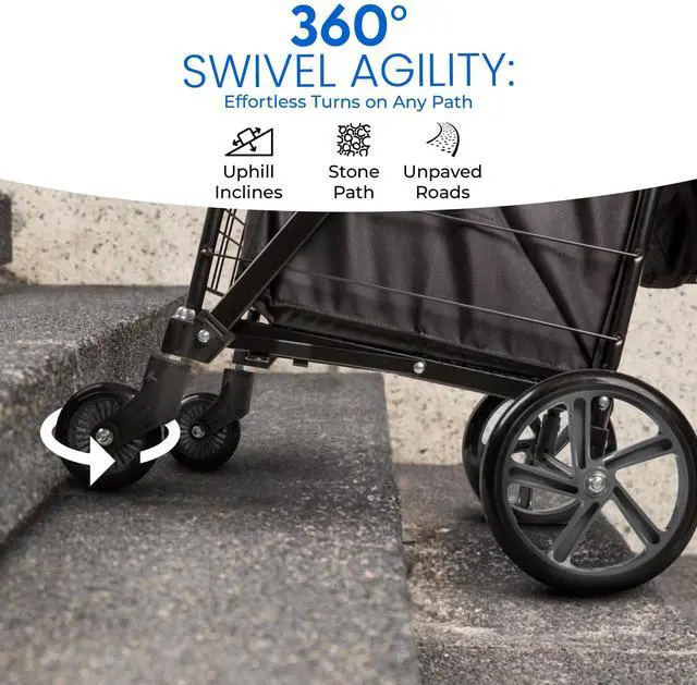 Alt view image 4 of 7 - SereneLife Small Foldable Shopping Cart with Cart Liner - 17.72" x 21" x 36.6" Collapsible Grocery Cart with 70 lbs. Capacity, Removable and Weatherproof Cart Liner, 360° Swivel Wheels (Black)