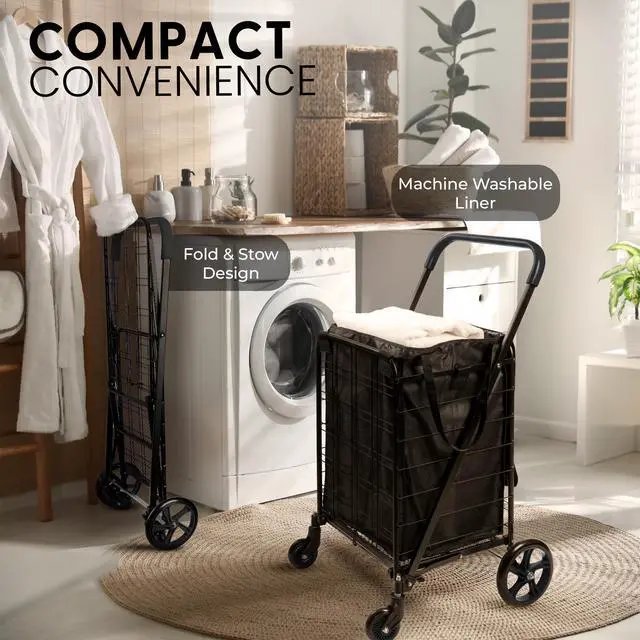 Alt view image 5 of 7 - SereneLife Small Foldable Shopping Cart with Cart Liner - 17.72" x 21" x 36.6" Collapsible Grocery Cart with 70 lbs. Capacity, Removable and Weatherproof Cart Liner, 360° Swivel Wheels (Black)