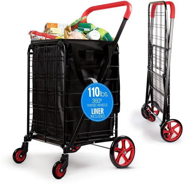 Main image of SereneLife Folding Utility Cart with 360° Swivel Wheels, 110 lb Capacity, Portable & Collapsible for Groceries, Laundry, Luggage (Red)