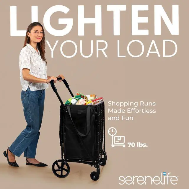 Alt view image 6 of 7 - SereneLife Small Foldable Shopping Cart with Cart Liner - 17.72" x 21" x 36.6" Collapsible Grocery Cart with 70 lbs. Capacity, Removable and Weatherproof Cart Liner, 360° Swivel Wheels (Black)