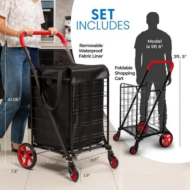 Alt view image 2 of 7 - SereneLife Folding Utility Cart with 360° Swivel Wheels, 110 lb Capacity, Portable & Collapsible for Groceries, Laundry, Luggage (Red)