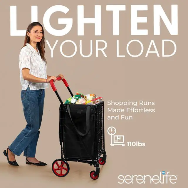 Alt view image 6 of 7 - SereneLife Folding Utility Cart with 360° Swivel Wheels, 110 lb Capacity, Portable & Collapsible for Groceries, Laundry, Luggage (Red)