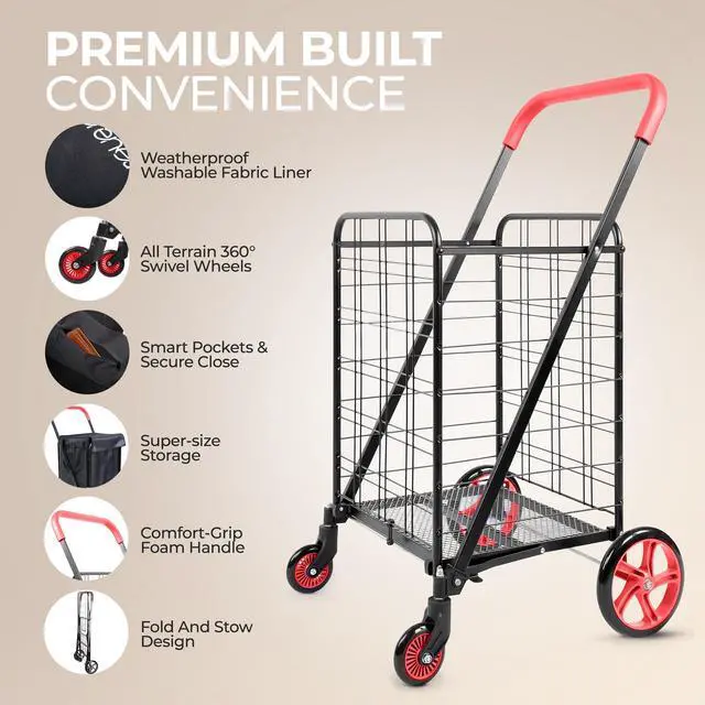 Alt view image 7 of 7 - SereneLife Folding Utility Cart with 360° Swivel Wheels, 110 lb Capacity, Portable & Collapsible for Groceries, Laundry, Luggage (Red)