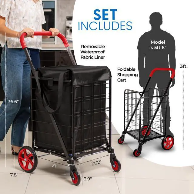 Alt view image 2 of 7 - SereneLife Small Foldable Shopping Cart with Cart Liner - 17.72" x 21" x 36.6" Collapsible Grocery Cart with 70 lbs. Capacity, Removable and Weatherproof Cart Liner, 360° Swivel Wheels (Red)
