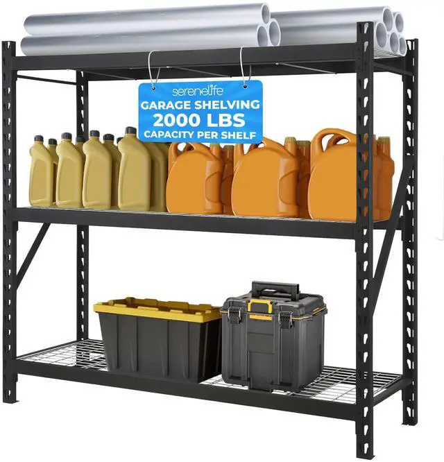 Main image of SereneLife Heavy Duty 3-Tier Metal Garage Shelving | 24" x 77" x 72" Extra Wide Adjustable Storage Utility | Freestanding Bulk Storage Rack | Open Wire Mesh Design | 2000 lbs. Capacity