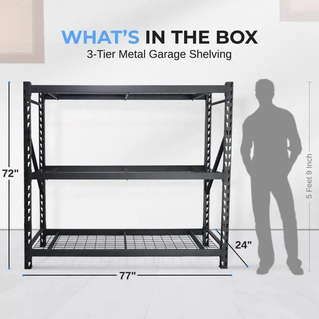 Alt view image 6 of 7 - SereneLife Heavy Duty 3-Tier Metal Garage Shelving | 24" x 77" x 72" Extra Wide Adjustable Storage Utility | Freestanding Bulk Storage Rack | Open Wire Mesh Design | 2000 lbs. Capacity