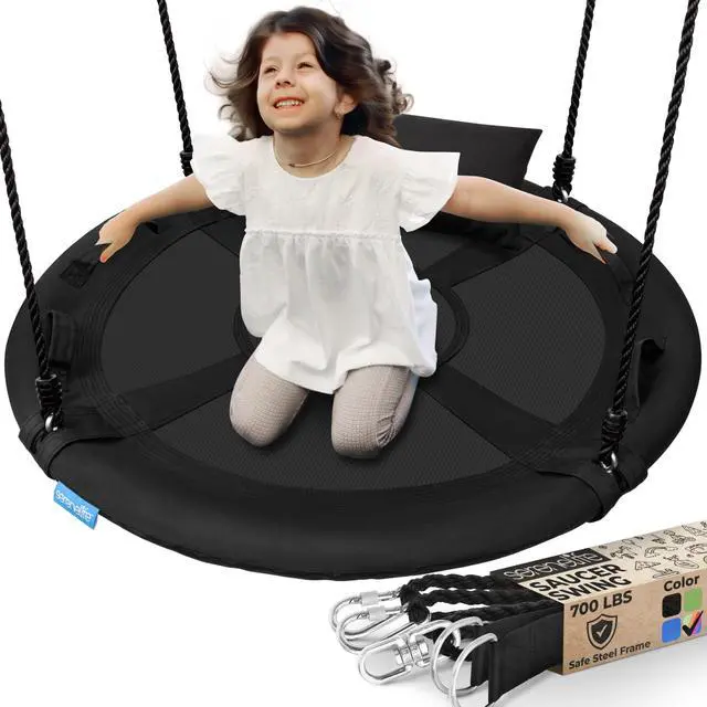 Main image of SereneLife 40" Saucer Swing - Outdoor Swing Set with Universal Hanging Kit, Swinging Seat Spinner with Pillow & Carry Bag, Weatherproof, Water-Resistant, Supports Up to 700 lbs, Black