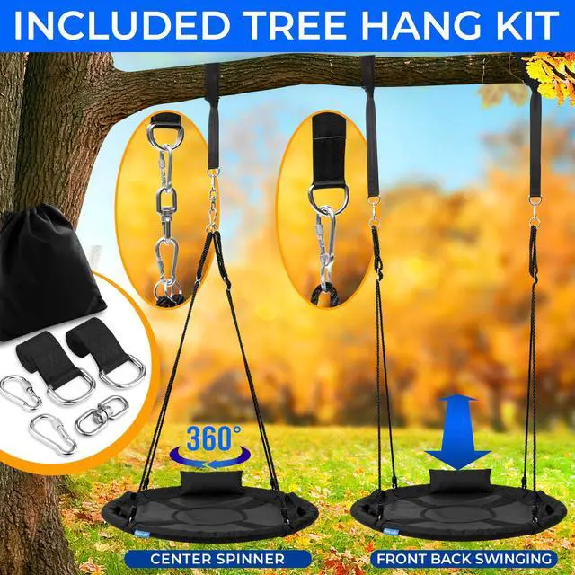 Alt view image 3 of 7 - SereneLife 40" Saucer Swing - Outdoor Swing Set with Universal Hanging Kit, Swinging Seat Spinner with Pillow & Carry Bag, Weatherproof, Water-Resistant, Supports Up to 700 lbs, Black