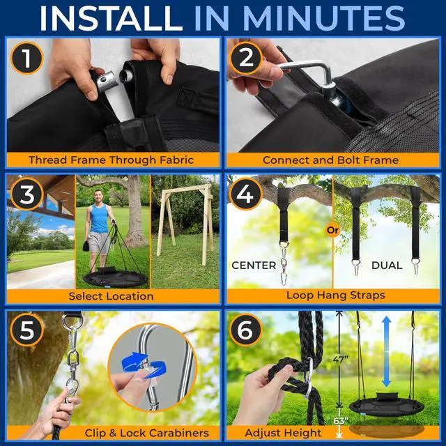 Alt view image 5 of 7 - SereneLife 40" Saucer Swing - Outdoor Swing Set with Universal Hanging Kit, Swinging Seat Spinner with Pillow & Carry Bag, Weatherproof, Water-Resistant, Supports Up to 700 lbs, Black