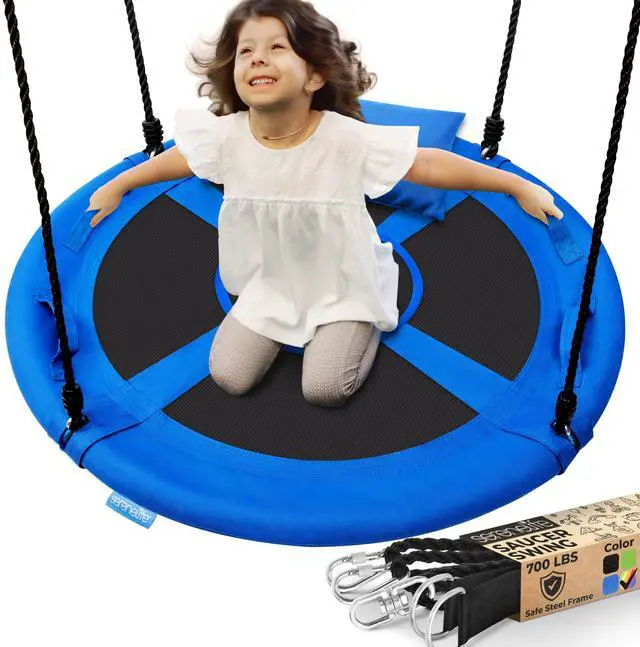 Main image of SereneLife 40" Saucer Swing - Outdoor Swing Set with Universal Hanging Kit, Swinging Seat Spinner with Pillow & Carry Bag, Weatherproof, Water-Resistant, Supports Up to 700 lbs, Blue