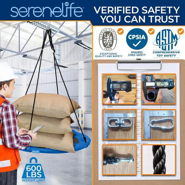 Alt view image 2 of 7 - SereneLife 40" Saucer Swing - Outdoor Swing Set with Universal Hanging Kit, Swinging Seat Spinner with Pillow & Carry Bag, Weatherproof, Water-Resistant, Supports Up to 700 lbs, Blue