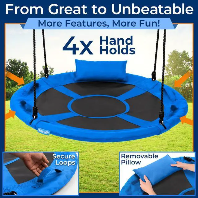 Alt view image 7 of 7 - SereneLife 40" Saucer Swing - Outdoor Swing Set with Universal Hanging Kit, Swinging Seat Spinner with Pillow & Carry Bag, Weatherproof, Water-Resistant, Supports Up to 700 lbs, Blue