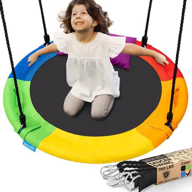 Main image of SereneLife 40" Saucer Swing - Outdoor Swing Set with Universal Hanging Kit, Swinging Seat Spinner with Pillow & Carry Bag, Weatherproof, Water-Resistant, Supports Up to 700 lbs, Rainbow