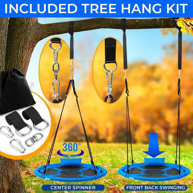 Alt view image 3 of 7 - SereneLife 40" Saucer Swing - Outdoor Swing Set with Universal Hanging Kit, Swinging Seat Spinner with Pillow & Carry Bag, Weatherproof, Water-Resistant, Supports Up to 700 lbs, Blue