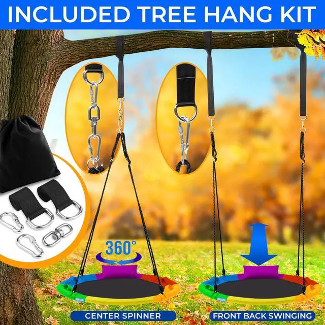 Alt view image 3 of 7 - SereneLife 40" Saucer Swing - Outdoor Swing Set with Universal Hanging Kit, Swinging Seat Spinner with Pillow & Carry Bag, Weatherproof, Water-Resistant, Supports Up to 700 lbs, Rainbow