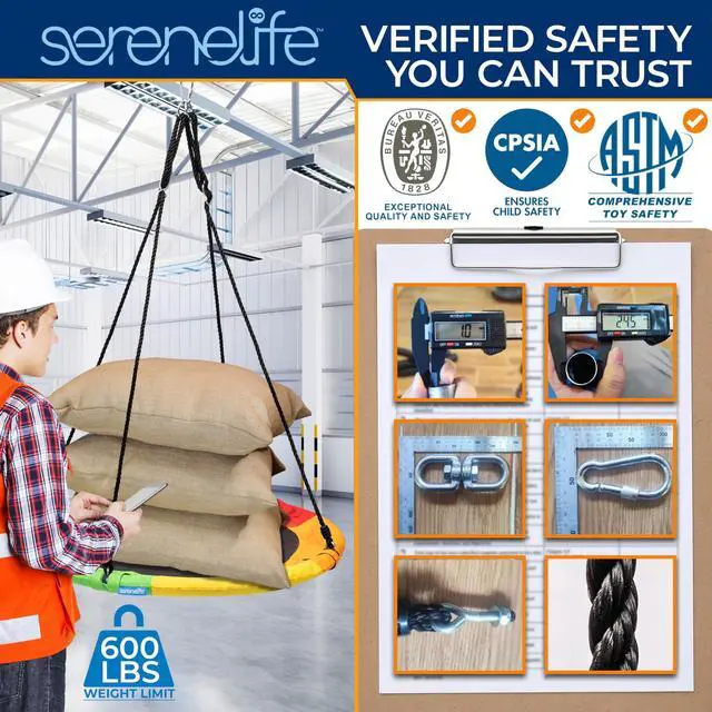 Alt view image 2 of 7 - SereneLife 40" Saucer Swing - Outdoor Swing Set with Universal Hanging Kit, Swinging Seat Spinner with Pillow & Carry Bag, Weatherproof, Water-Resistant, Supports Up to 700 lbs, Rainbow