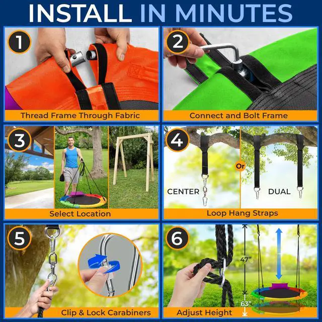 Alt view image 5 of 7 - SereneLife 40" Saucer Swing - Outdoor Swing Set with Universal Hanging Kit, Swinging Seat Spinner with Pillow & Carry Bag, Weatherproof, Water-Resistant, Supports Up to 700 lbs, Rainbow