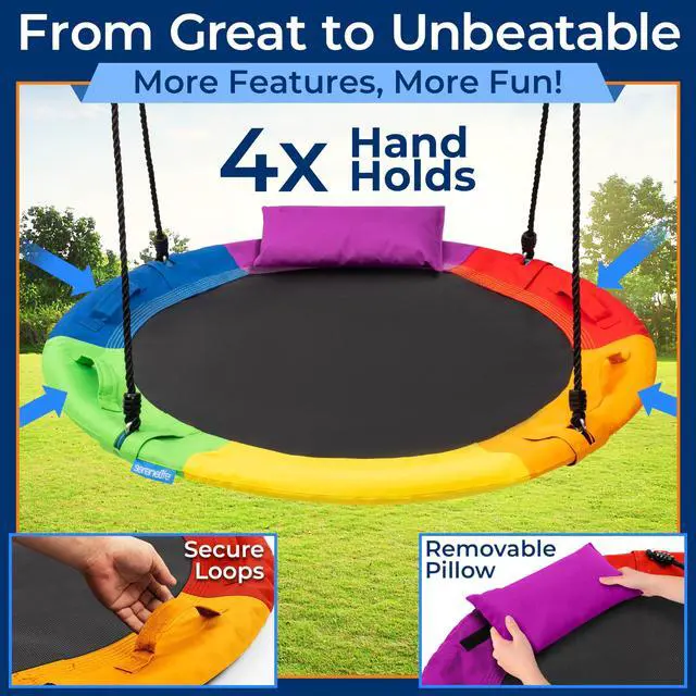 Alt view image 7 of 7 - SereneLife 40" Saucer Swing - Outdoor Swing Set with Universal Hanging Kit, Swinging Seat Spinner with Pillow & Carry Bag, Weatherproof, Water-Resistant, Supports Up to 700 lbs, Rainbow