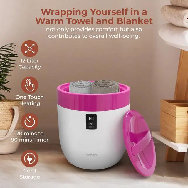 Alt view image 5 of 7 - SereneLife Counter Towel Warmer Bucket - with Customized Fragrance for Spa and Bathroom, Luxury Heater, Auto Shut Off, Fits 1 Large Blanket, Bathrobe, PJs (Pink)
