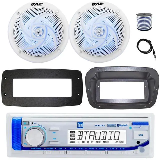 Main image of Dual MXD13 Single DIN Bluetooth Marine MP3 AM/FM Stereo Receiver, Spa bezel, Adapter Plate, 22" Radio Antenna, Wire, 2x 6'' 240 Watt Max 2-Way Boat Audio Speakers (White)